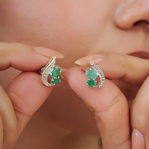 Wholesale Women <b>Stud</b> Earrings 925 Sterling Silver 100% Authentic Oval Cut <b>Emerald</b> & Round Diamond Accents Earrings - Product Image 4