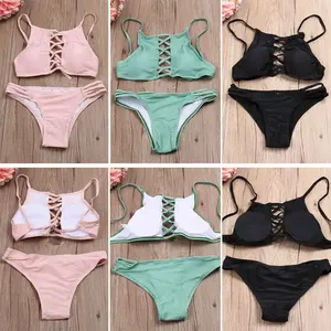 Women's Pink Bikini Set <b>Crossed</b> Halter Lace Up <b>Top</b> Thong Bottoms Solid Color Stretch Swimwear Two Piece - Product Image 6