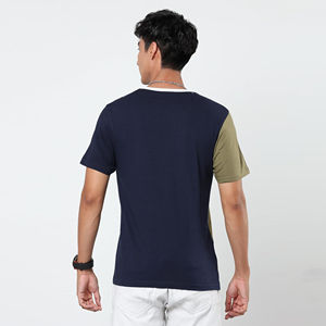 Camiseta de Cuello Redondo para Hombre, Diseño Color Block, Manga Corta, Verde Oliva, Azul Marino, Panel Blanco, Informal, de Algodón, con Logotipo Personalizado, OEM, ODM - Product Image 4