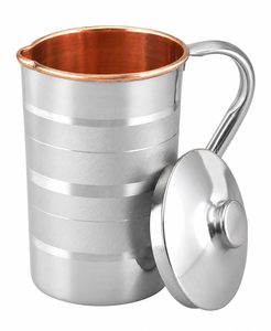 Carafe à eau en cuivre faite à la main avec extérieur en acier inoxydable |   Doublure intérieure en cuivre pur |   Pichet à eau potable traditionnel en cuivre - Product Image 1