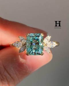 Radiant Cut Cyan Bridal <b>Set</b> 14K <b>Gold</b> Marquise Cluster Engagement <b>Ring</b> with V-Shape Chevron Curved Wedding Band Stackable <b>Set</b> - Product Image 5