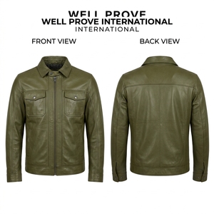 Chaqueta de Hombre Premium con Cuello de Camisa, Paneles de Piel de Oveja Verde Oliva, Tejida, Impermeable y Transpirable, con Logotipo Grabado Personalizado - Product Image 1