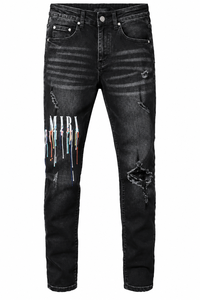 Jean en denim noir slim déchiré pour homme, style punk, délavé, avec imprimé lettres, qualité supérieure, couleur personnalisable - Product Image 6