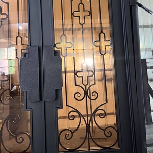 Royal Luxury Traditional Wrought Iron Water Resistant Entry Door Geometric Glass Panels Arched Design <b>Swing</b> Style Exterior Door - Product Image 4