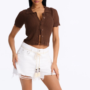 Custom Logo Women's Brown Hand Knitted Short Sleeve <b>Cardigan</b> With Turn-down Collar Button Closure Breathable Casual <b>Summer</b> Top - Product Image 4