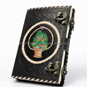 New Launch Hand Painted Handmade High Quality Black Leather Journal Flower Basket Art Vintage Notebook Metal <b>Lock</b> Leather - Product Image 3