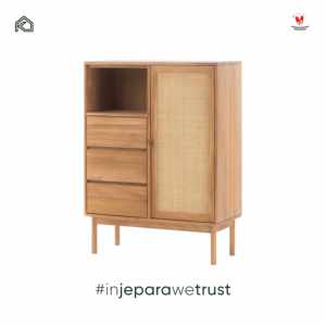 Armoire de rangement en bois massif scandinave moderne personnalisable avec 3 tiroirs et 4 étagères, meubles de salon, fabrication Jepara - Product Image 3