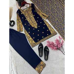 PANTALON DE TRAVAIL DE SÉQUENCE DE BRODERIE GEORGETTE À LA MODE AVEC DUPATTA BLEU MARINE - Product Image 5