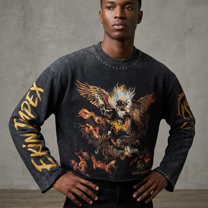 Sudadera Corta Vintage Lavada para Hombre con Estampado Gráfico de Calavera, Estilo Urbano, Cuello Redondo, Oversize, de Algodón, Manga Larga - Product Image 1