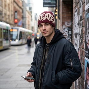 Maroon Cream Graphic Knit Beanie Hat Custom Logo Ribbed <b>Winter</b> <b>Cap</b> Unisex Streetwear Fashion Headwear Wholesale OEM Manufacturer - Product Image 2