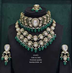 11872Premium Kundan <b>Bridal</b> <b>Jewelry</b> <b>Set</b> With Green Stones And Pear Cut Mehandi Plated Brass foe Wedding Engagement Classic Style - Product Image 3