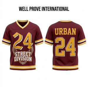 เสื้อฟุตบอลสั่งทำพิเศษ ผ้าโพลีเอสเตอร์ 160 GSM แบบถักสำหรับนักกีฬา สีแดงเบอร์กันดี-ทอง คอวี แขนเสื้อแบบเรียบ พิมพ์ลายดิจิทัล เป็นมิตรต่อสิ่งแวดล้อม ระบายอากาศได้ดี - Product Image 1