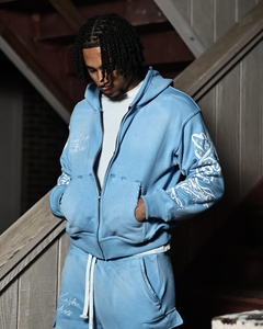 Conjunto de Sudadera con Capucha Pesada y Pantalones Cortos para Hombre, con Estampado Serigrafiado y Pedrería, con Cremallera y Cordón, Lavado Ácido, Dos Piezas, Libre de Impuestos en EE. UU. - Product Image 4