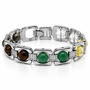 Bracelet en métal argenté en gros avec perles de pierres précieuses naturelles Pyrite, Jade Vert, Citrine et Quartz Clair pour Hommes et Femmes - Product Image 1