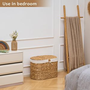 Cesto Portabiancheria Ovale con Coperchio in Giacinto d'Acqua Naturale Intrecciato a Doppio Strato, Manici in Bambù e Metallo, Tessuto in Vimini per Conservazione Vestiti - Product Image 5