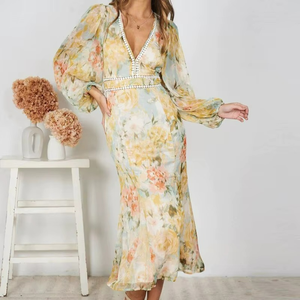 Vestido Maxi de Gasa Floral con Cuello en V, Mangas Abullonadas y Corte en A, Vestido Casual de Verano - Product Image 1