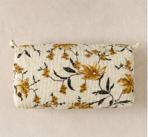 <b>Quilted</b> Cotton Floral <b>Makeup</b> <b>Bag</b> Mustard Printed Cosmetic Pouch Travel Toiletry Organizer Handmade Indian Textile <b>Bag</b> - Product Image 3