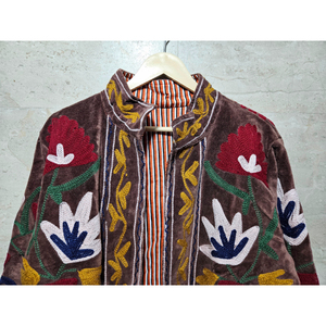 Chaqueta de Terciopelo Bordada a Mano con Cuello Mandarín, Estampado Floral, Manga Larga, Abrigo de Otoño para Mujer - Product Image 4