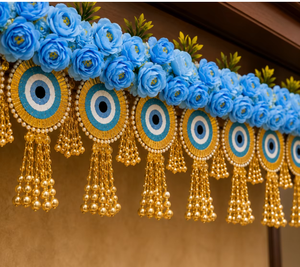 Voilage de porte traditionnel en tissu avec fleurs bleues et pompons pour la décoration d'entrée, décoration intérieure toutes saisons - Product Image 5