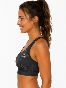 Soutien-gorge de sport pour femme en cuir, avec coussinets amovibles, effet liftant, logo frontal, dentelle respirante, compression, écologique, maintien moyen - Product Image 3