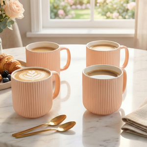Misty Rose Ribbed Nordic Design Bone China Ceramic Coffee Mug <b>Set</b> of 4 Microwave Safe with High Quality <b>PC</b> Tray 400ml Capacity - Product Image 4