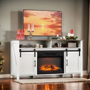 Mobile TV Moderno con Ante Scorrevoli Stile Barn Door, Finitura Bianco Lavato e Marrone, per Inserzioni da 23 Pollici - Product Image 2