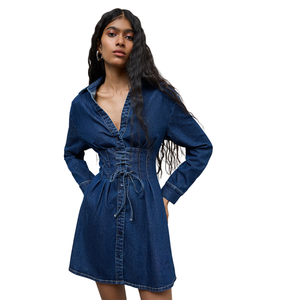 Robe longue en jean pour femmes, style décontracté, boutonnée sur le devant, fabricant de vêtements en gros - Product Image 3
