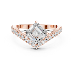 Anillo de compromiso moderno con halo de oro rosa, corte princesa, diseño chevron y banda en V con pavé para mujer, joyería fina - Product Image 3