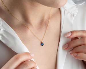 Pendentif vintage de luxe en saphir bleu, pierre de naissance de septembre, taille poire, en argent sterling 925 plaqué or 14 carats, cadeau - Product Image 2