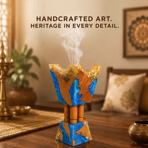 Quemador de Incienso Artesanal de Madera y Resina, Porta Incienso Aromático, Decoración Azul y Dorada para el Hogar, Tienda o Templo - Product Image 1