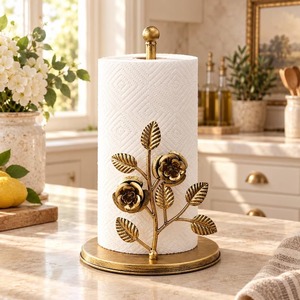 Vintage Gold Metal Paper <b>Towel</b> <b>Holder</b> Freestanding Countertop Stand with Floral Rose Leaf Design for <b>Kitchen</b> - Product Image 1