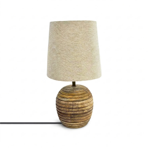 Modern Wooden <b>Table</b> Lamp with Beige Linen Shade Round <b>Minimalist</b> Design Handmade Decorative Light for Bedroom Nightstand - Product Image 1