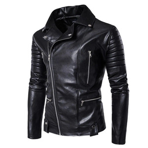 Men's slim fit <b>biker</b> <b>jacket</b> Black PU leather moto <b>jacket</b> Stand collar zipper closure Autumn motorcycle <b>jacket</b> - Product Image 1