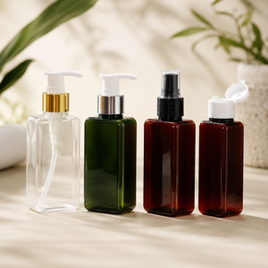 Flacon pompe cosmétique carré en PET 100 ml transparent, ambre, vert avec capuchon à bascule pour emballage de soins de la peau – Usine du Vietnam - Product Image 6