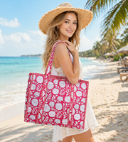 Bolsa de Mano Acolchada de Algodón, Hecha a Mano, Resistente, Ligera, Ecológica, Lavable, con Estampado de Bloques, Reversible, Abierta, para Otoño e Invierno