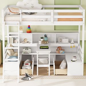 Letto a soppalco singolo bianco con ripiani portaoggetti, cassetti e scrivania - Prodotto per letti per bambini - Product Image 4