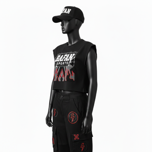 ชุดเซ็ตเสื้อครอปแขนกุดผ้าคอตตอนโพลีเอสเตอร์เทอร์รี่สีดำพร้อมกางเกงเลกกิ้งลายพิมพ์โลโก้ที่กระเป๋าแบบคาร์โก้สำหรับผู้หญิง - Product Image 5