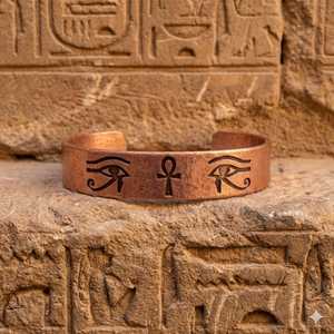 Brazalete de cobre martillado a mano con el símbolo del Ankh y el Ojo de Horus, talismán egipcio antiguo. - Product Image 5