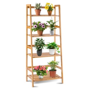 Aqdus Saleem BM-LSP018 Bamboo Ladder Tiered Plant Stand | Mid Century Modern Outdoor Wholesale Natural Honey Wooden <b>Planter</b> - Product Image 4
