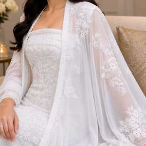 Robe de mariée longue blanche brodée avec cape transparente, élégante, en dentelle de créateur, respirante, de soirée, haut de gamme, modeste - Product Image 4