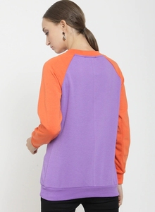 Sweat-shirt à col rond pour femme, à blocs de couleur, manches longues, violet orange, tricoté décontracté, 100% coton, vêtements d'automne - Product Image 4