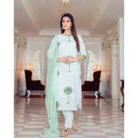 Ensemble tailleur femme en mousseline de coton respirante vert sauge avec imprimé arbre dessiné à la main, détection par aiguille disponible, taille XS