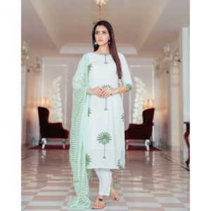 Conjunto de Traje de Algodón Chifón Transpirable con Estampado de Árboles Dibujados a Mano en Verde Salvia para Mujer, Disponible en Talla XS - Product Image 5