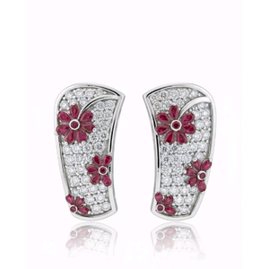 Pendientes de Oro Blanco con Rubíes y Diamantes Florales Cultivados en Laboratorio, Certificados por IGI, con Diseño Curvo y Pavé, Joyería Fina de Lujo para Mujer, Regalo - Product Image 2