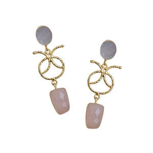 Boucles d'oreilles pendantes plaquées or avec double pierre en quartz rose semi-précieux et nacre, bijoux en pierres précieuses naturelles, vente en gros - Product Image 2