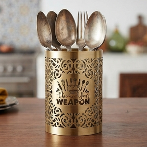 Porta Cubiertos Metálico Dorado Perforado, Organizador de Utensilios con Diseño 'Cheers' para Cocina - Product Image 1