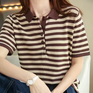 <b>Women</b> Solid Short Sleeve for Shirt Knitted Casual <b>Top</b> Regular Length Plain Dyed Style Breathable <b>Compressed</b> Cotton Bamboo Fiber - Product Image 3