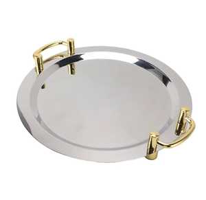 Plateau de service rectangulaire moderne en acier inoxydable avec poignées latérales en cuir marron, plateau à boissons en métal poli - Product Image 2