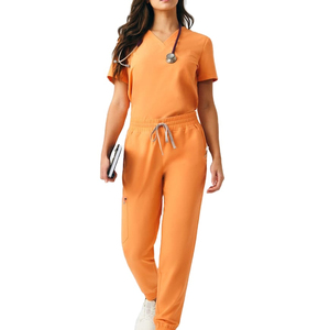 <b>Women</b> <b>Orange</b> Scrub Set Knitted Cotton Polyester V-Neck <b>Top</b> Jogger Pants Hospital Uniform Fashionable Scrubs Seamless Fusing - Product Image 1