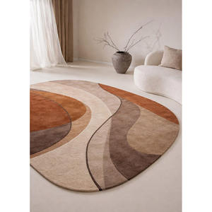 Alfombra Ovalada Abstracta Escandinava, Diseño de Ondas Marrón Crema, Alfombra Tejida a Mano, Alfombra Suave para Piso, Alfombra Moderna Minimalista para el Hogar - Product Image 1